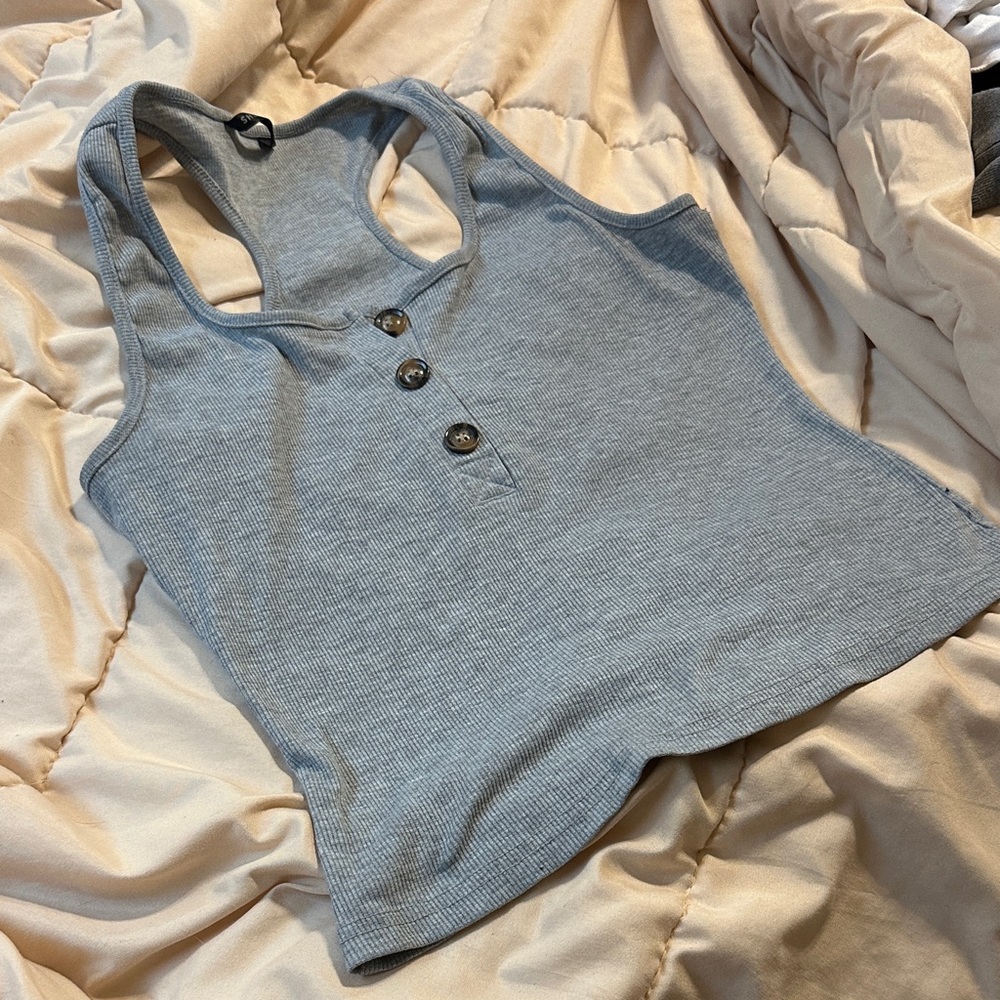 SHEIN Light Blue Ribbed Tank Top with Button Accents